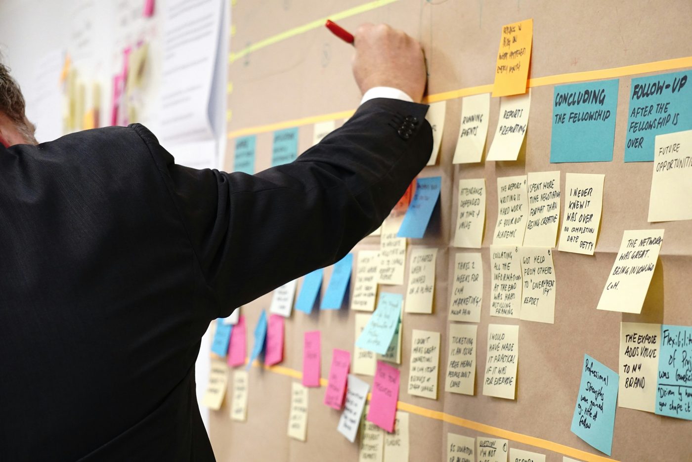 Equipo de consultores PCA trabajando en un tablero de planeación